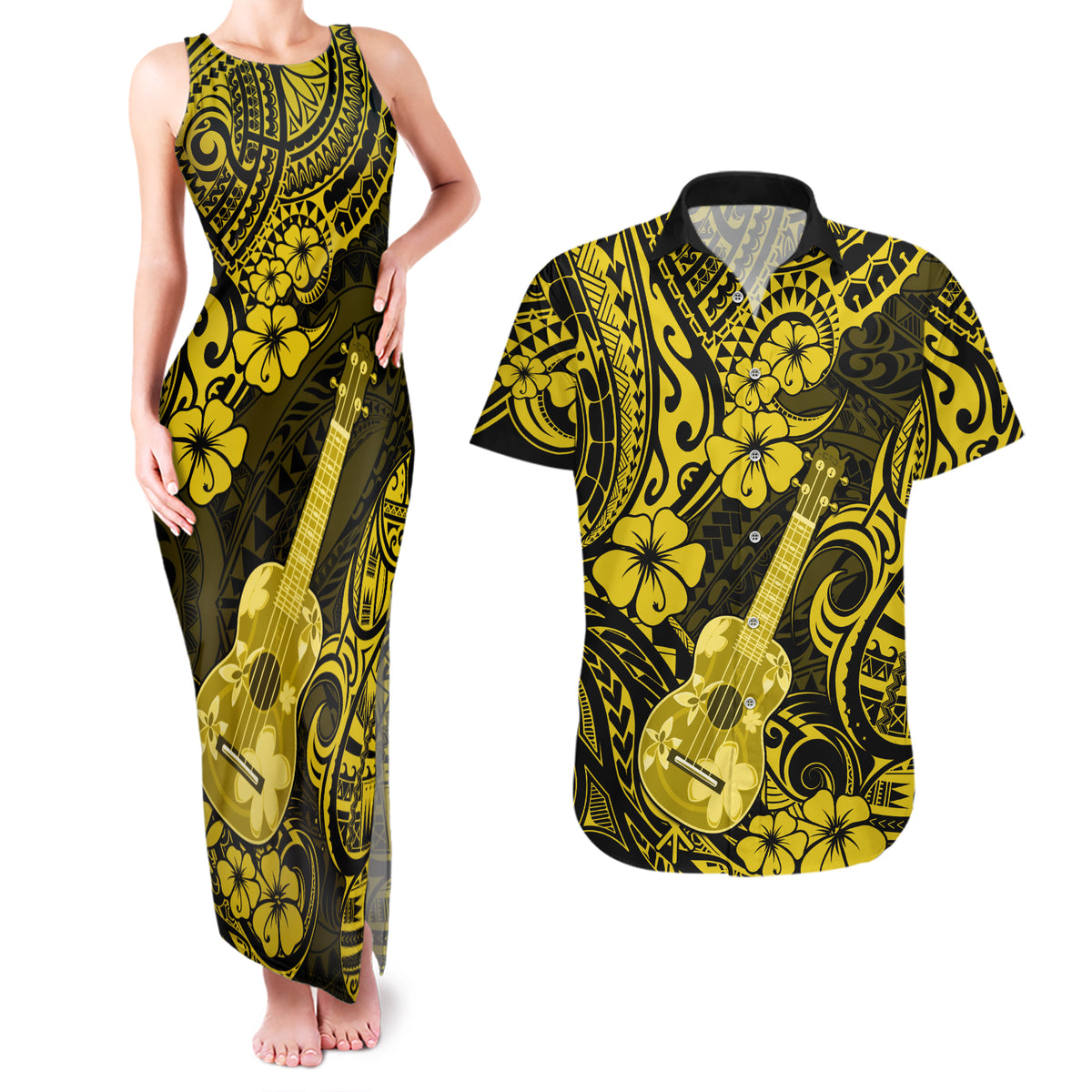 Hawaii Ukulele Couples Matching Tank Maxi Dress and Hawaiian Shirt Polynesian Pattern Yellow Version LT01 Yellow - Polynesian Pride
