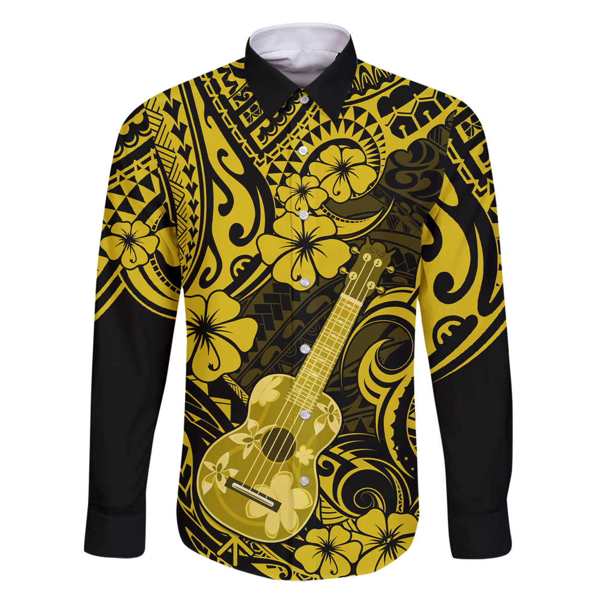 Hawaii Ukulele Family Matching Mermaid Dress and Hawaiian Shirt Polynesian Pattern Yellow Version LT01 Dad's Shirt - Long Sleeve Yellow - Polynesian Pride