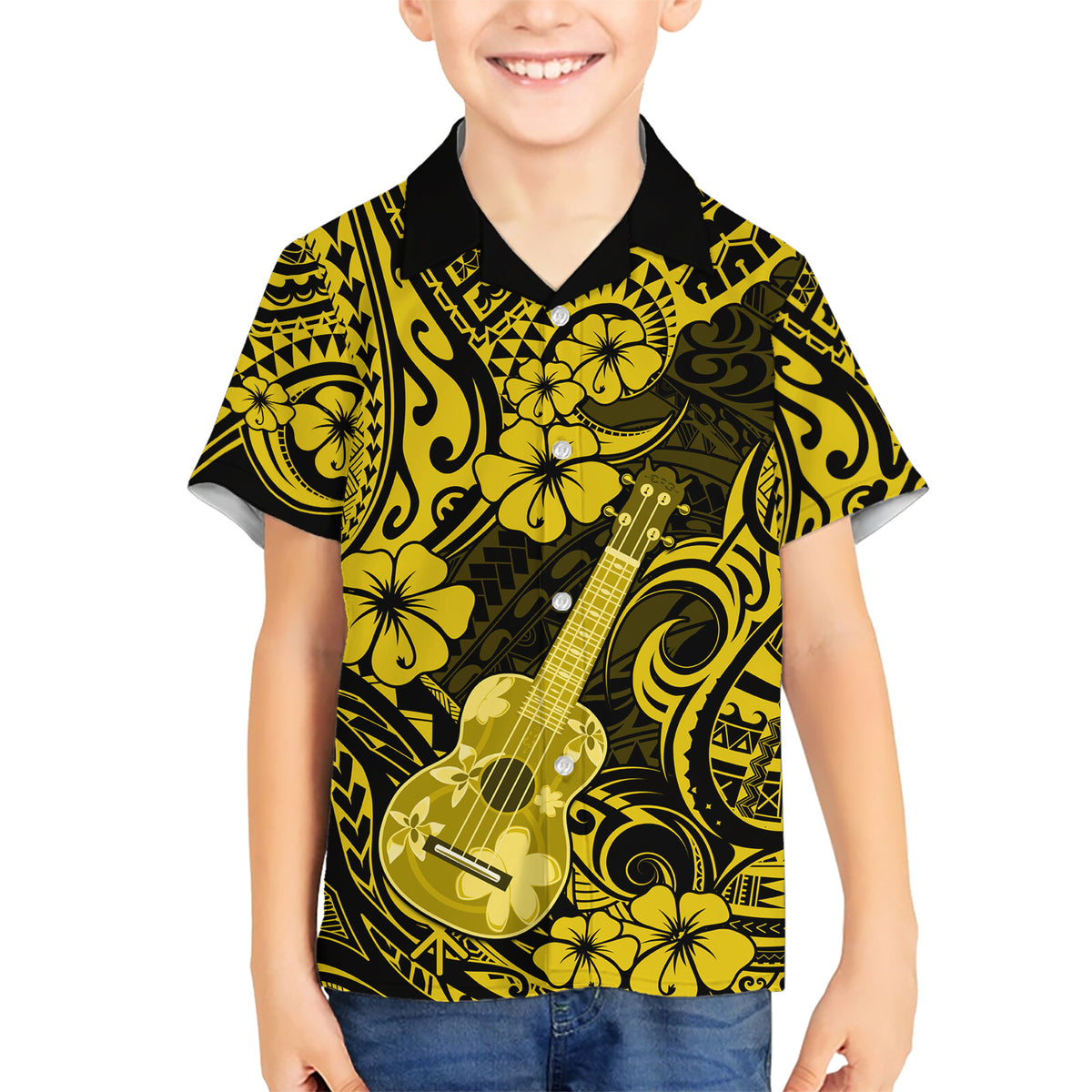 Hawaii Ukulele Kid Hawaiian Shirt Polynesian Pattern Yellow Version LT01 Kid Yellow - Polynesian Pride