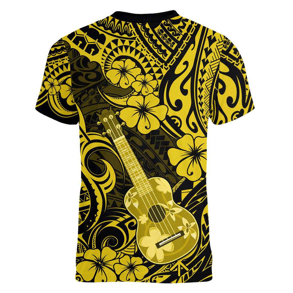 Hawaii Ukulele Women V Neck T Shirt Polynesian Pattern Yellow Version LT01 - Polynesian Pride