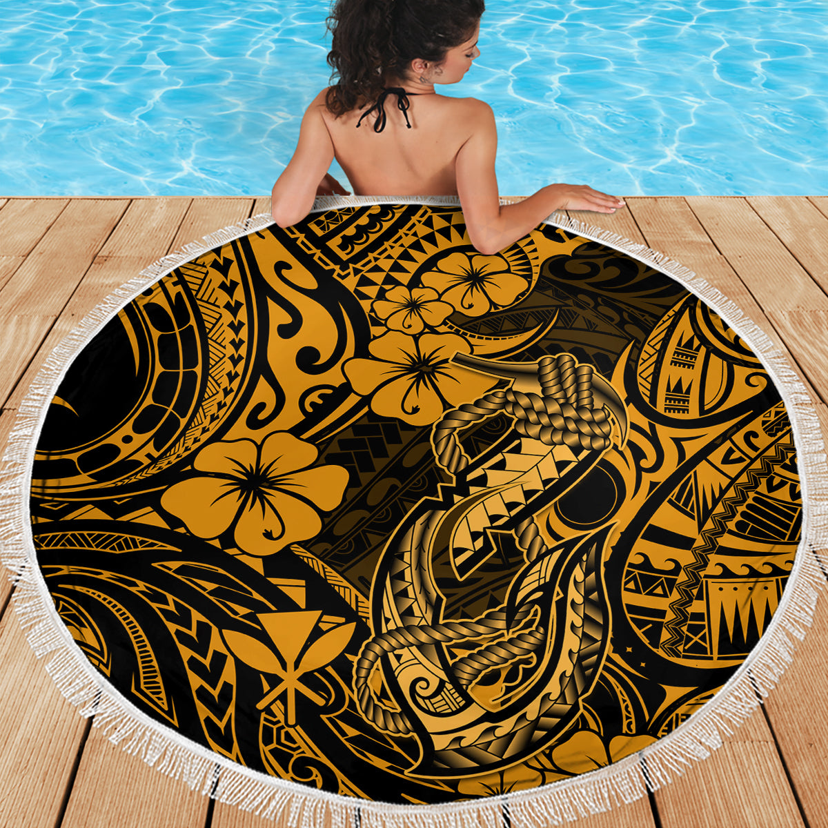 Hawaii Fish Hook Beach Blanket Polynesian Pattern Gold Version LT01 - Wonder Print Shop