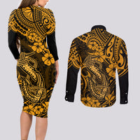 Hawaii Fish Hook Couples Matching Long Sleeve Bodycon Dress and Long Sleeve Button Shirts Polynesian Pattern Gold Version LT01 - Polynesian Pride