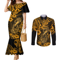Hawaii Fish Hook Couples Matching Mermaid Dress and Long Sleeve Button Shirts Polynesian Pattern Gold Version LT01 Gold - Polynesian Pride