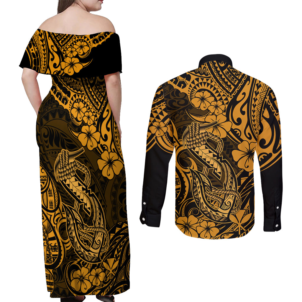 Hawaii Fish Hook Couples Matching Off Shoulder Maxi Dress and Long Sleeve Button Shirts Polynesian Pattern Gold Version LT01 - Polynesian Pride