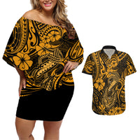Hawaii Fish Hook Couples Matching Off Shoulder Short Dress and Hawaiian Shirt Polynesian Pattern Gold Version LT01 Gold - Polynesian Pride