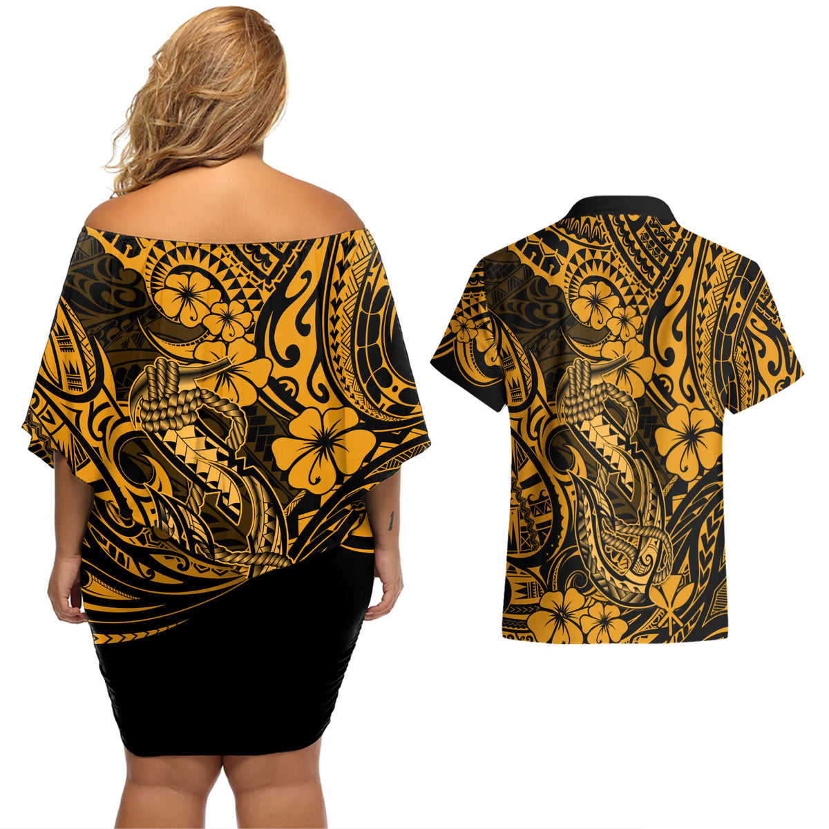 Hawaii Fish Hook Couples Matching Off Shoulder Short Dress and Hawaiian Shirt Polynesian Pattern Gold Version LT01 - Polynesian Pride