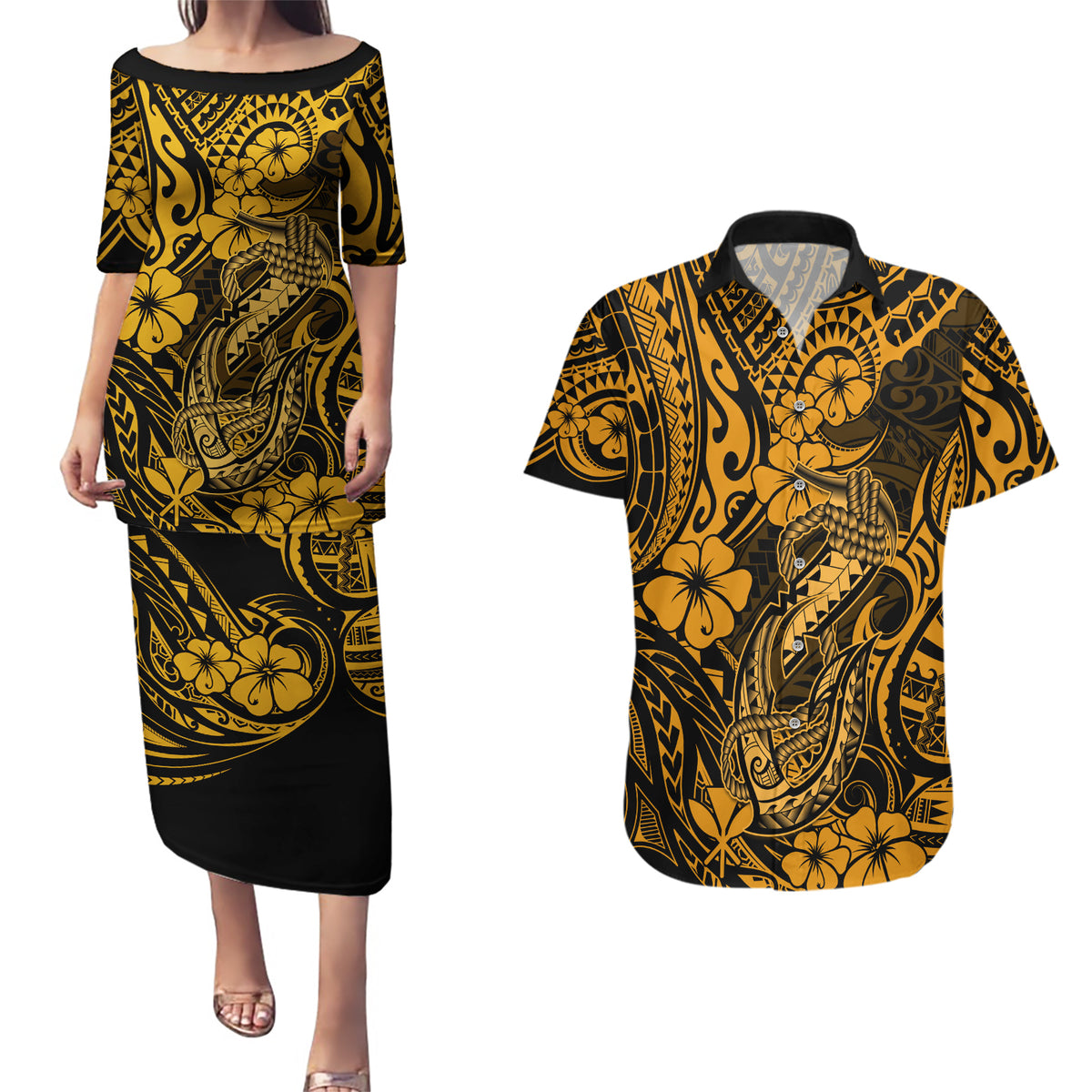 Hawaii Fish Hook Couples Matching Puletasi Dress and Hawaiian Shirt Polynesian Pattern Gold Version LT01 Gold - Polynesian Pride