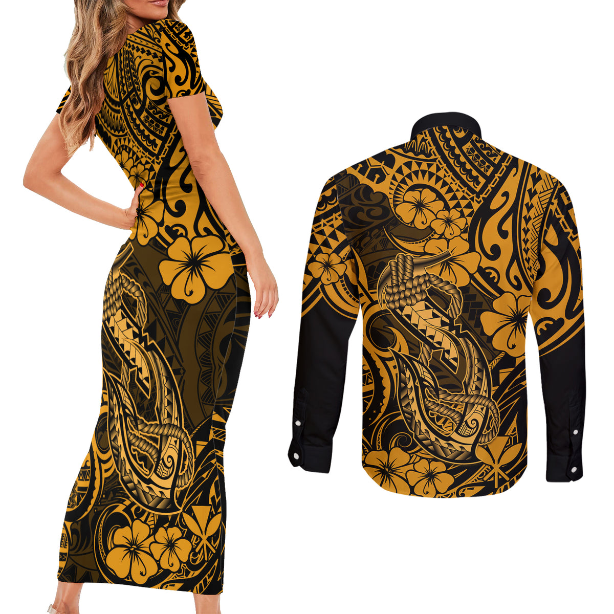 Hawaii Fish Hook Couples Matching Short Sleeve Bodycon Dress and Long Sleeve Button Shirts Polynesian Pattern Gold Version LT01 - Polynesian Pride