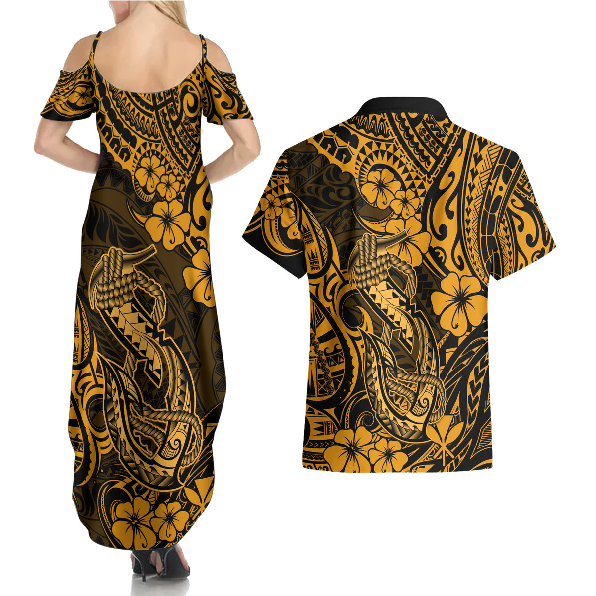 Hawaii Fish Hook Couples Matching Summer Maxi Dress and Hawaiian Shirt Polynesian Pattern Gold Version LT01 - Polynesian Pride