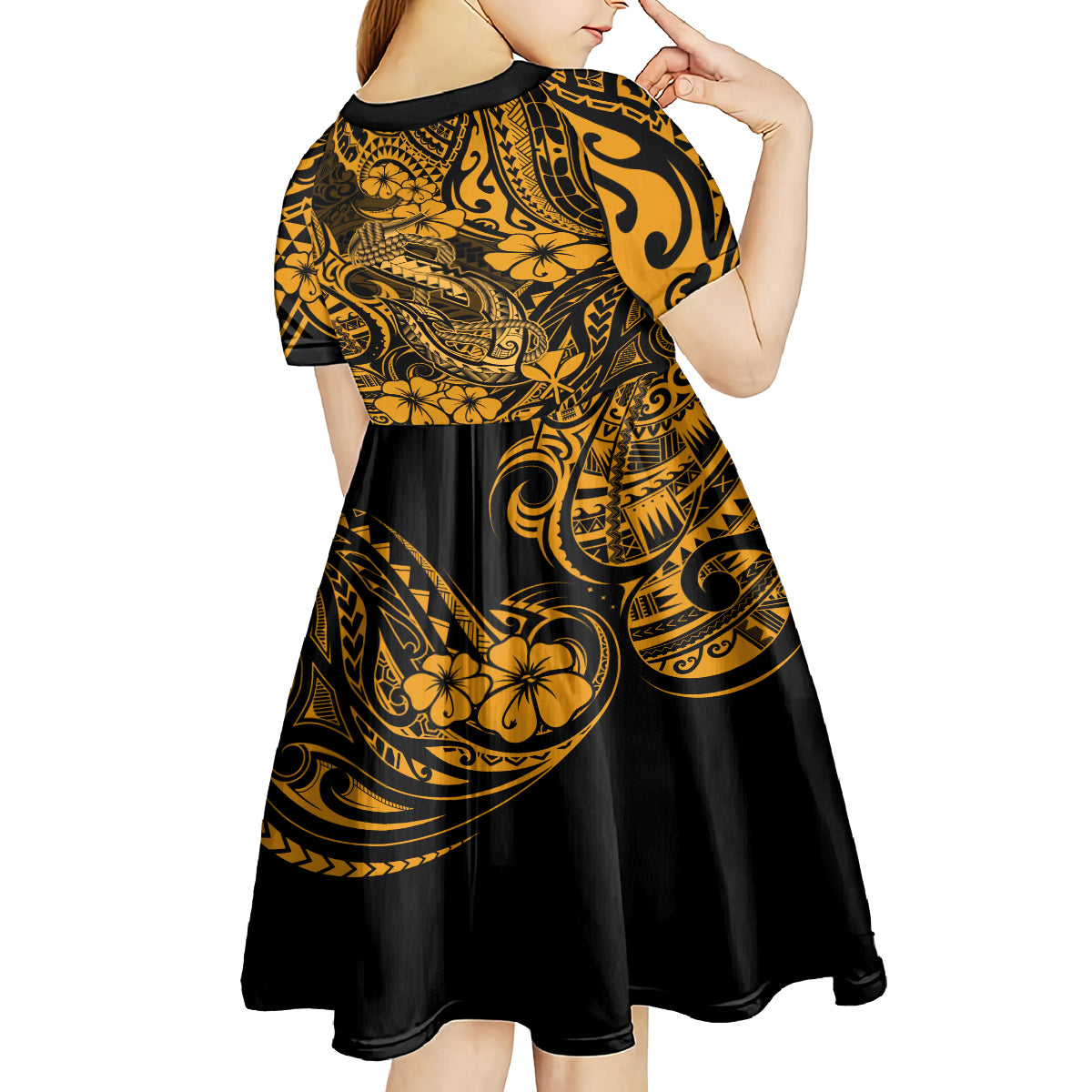 Hawaii Fish Hook Kid Short Sleeve Dress Polynesian Pattern Gold Version LT01 - Polynesian Pride