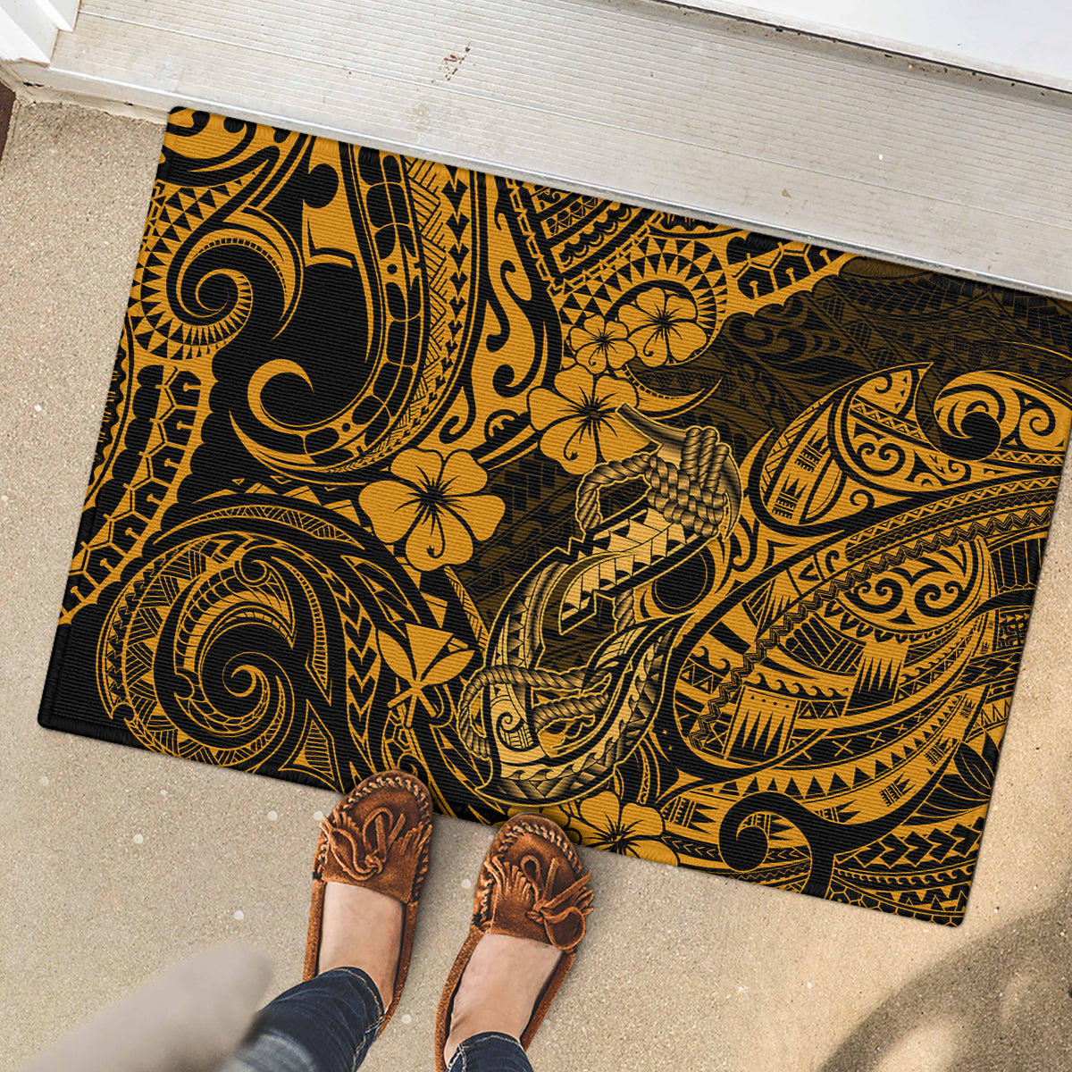 Hawaii Fish Hook Rubber Doormat Polynesian Pattern Gold Version LT01 - Polynesian Pride