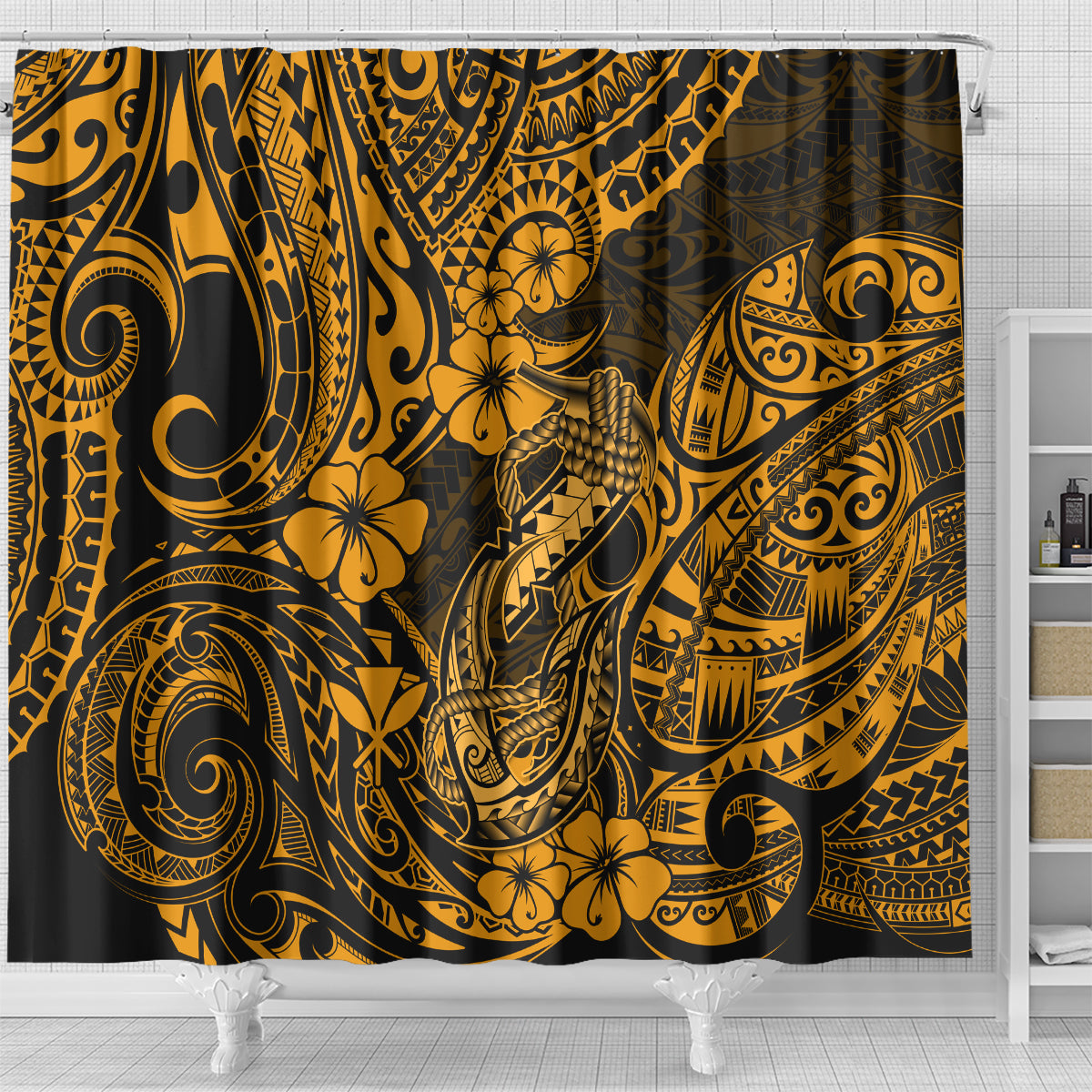 Hawaii Fish Hook Shower Curtain Polynesian Pattern Gold Version LT01 - Polynesian Pride