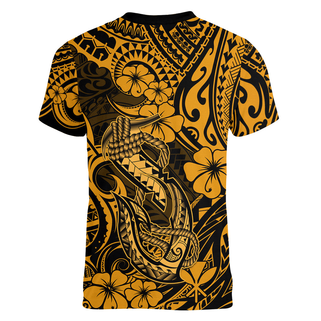 Hawaii Fish Hook Women V Neck T Shirt Polynesian Pattern Gold Version LT01 - Polynesian Pride