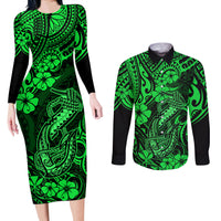Hawaii Fish Hook Couples Matching Long Sleeve Bodycon Dress and Long Sleeve Button Shirts Polynesian Pattern Green Version LT01 Green - Polynesian Pride
