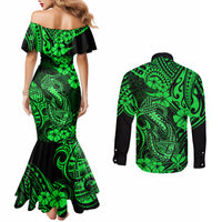 Hawaii Fish Hook Couples Matching Mermaid Dress and Long Sleeve Button Shirts Polynesian Pattern Green Version LT01 - Polynesian Pride