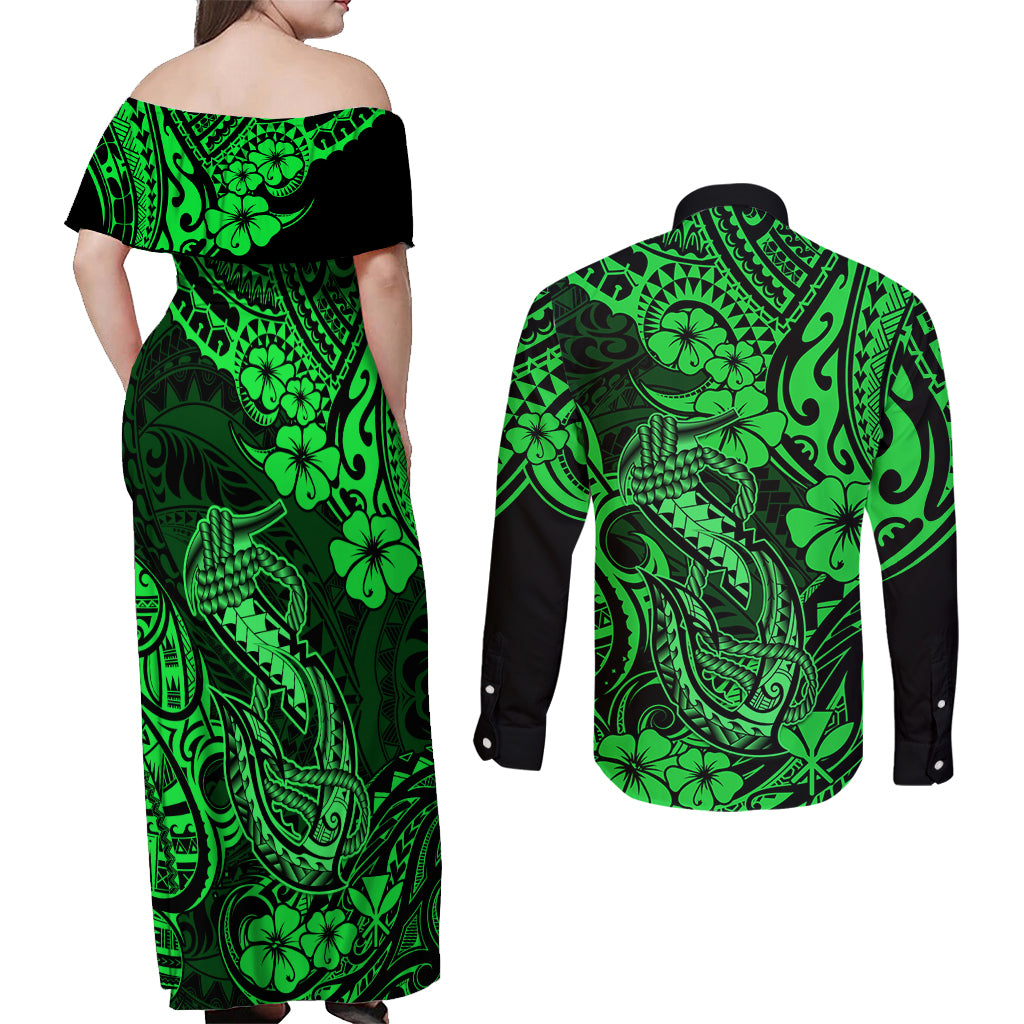 Hawaii Fish Hook Couples Matching Off Shoulder Maxi Dress and Long Sleeve Button Shirts Polynesian Pattern Green Version LT01 - Polynesian Pride