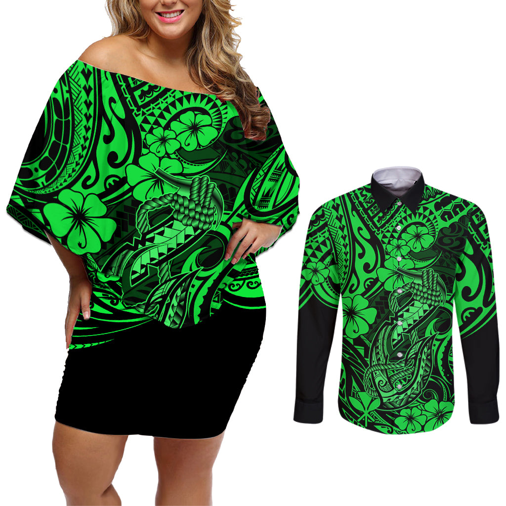 Hawaii Fish Hook Couples Matching Off Shoulder Short Dress and Long Sleeve Button Shirts Polynesian Pattern Green Version LT01 Green - Polynesian Pride