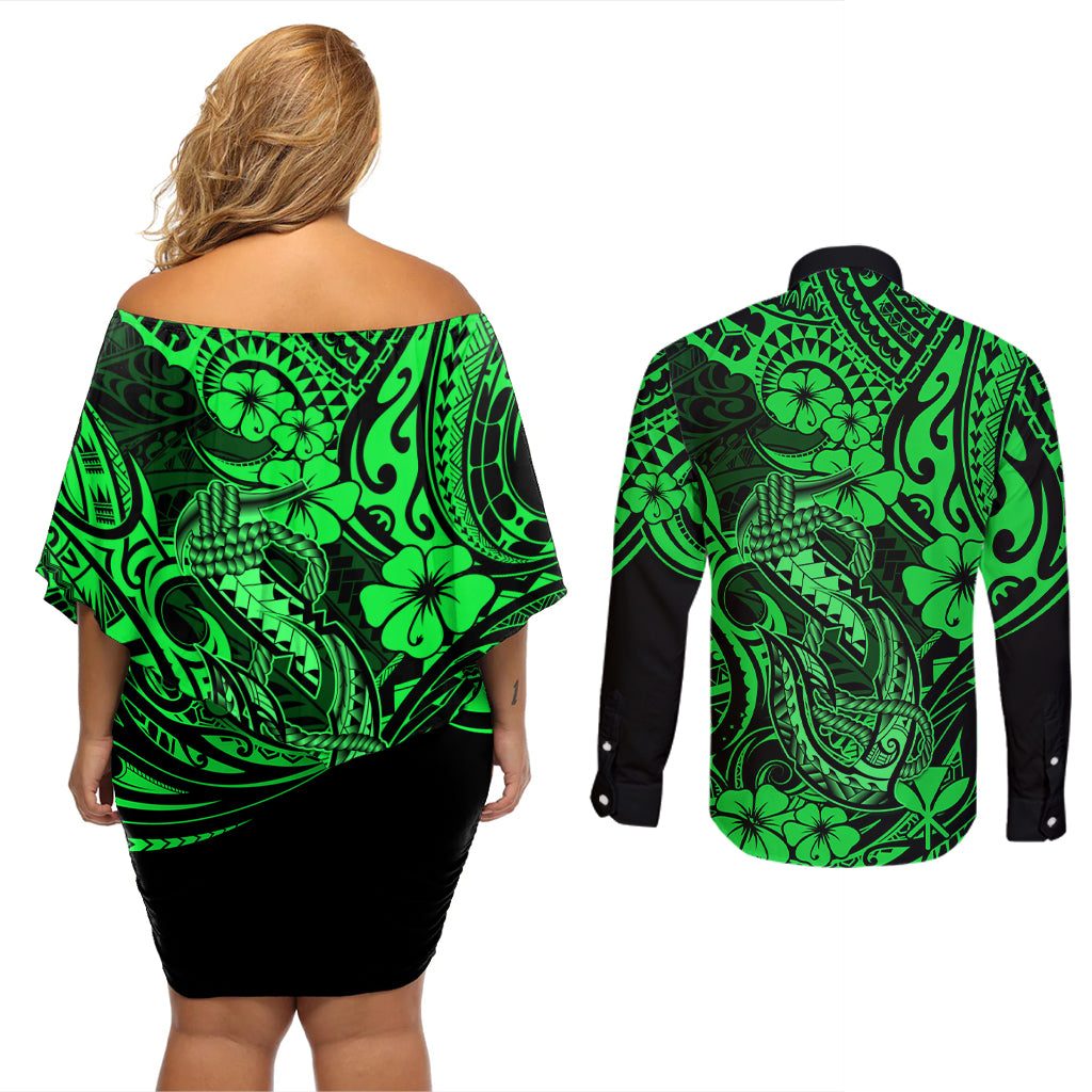 Hawaii Fish Hook Couples Matching Off Shoulder Short Dress and Long Sleeve Button Shirts Polynesian Pattern Green Version LT01 - Polynesian Pride