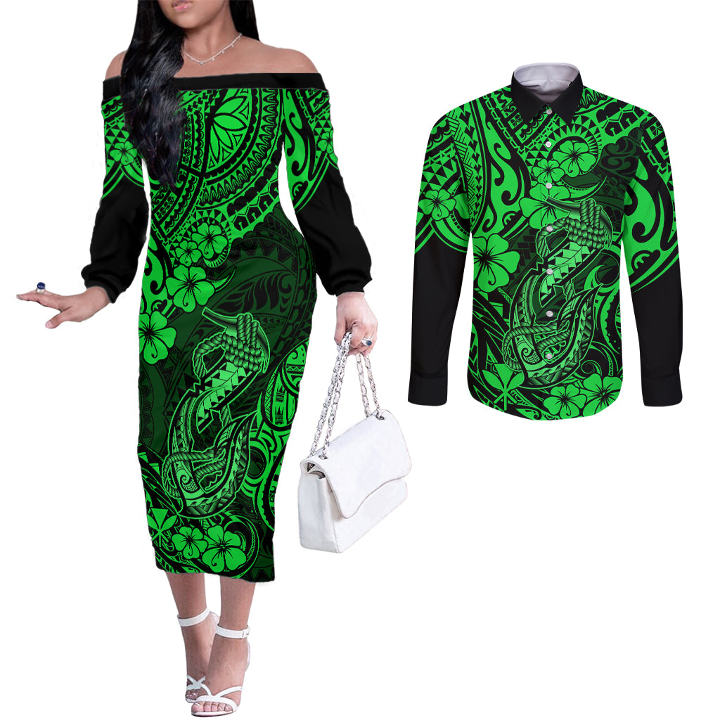 Hawaii Fish Hook Couples Matching Off The Shoulder Long Sleeve Dress and Long Sleeve Button Shirts Polynesian Pattern Green Version LT01 Green - Polynesian Pride
