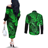 Hawaii Fish Hook Couples Matching Off The Shoulder Long Sleeve Dress and Long Sleeve Button Shirts Polynesian Pattern Green Version LT01 - Polynesian Pride