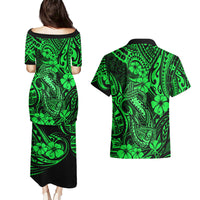 Hawaii Fish Hook Couples Matching Puletasi Dress and Hawaiian Shirt Polynesian Pattern Green Version LT01 - Polynesian Pride
