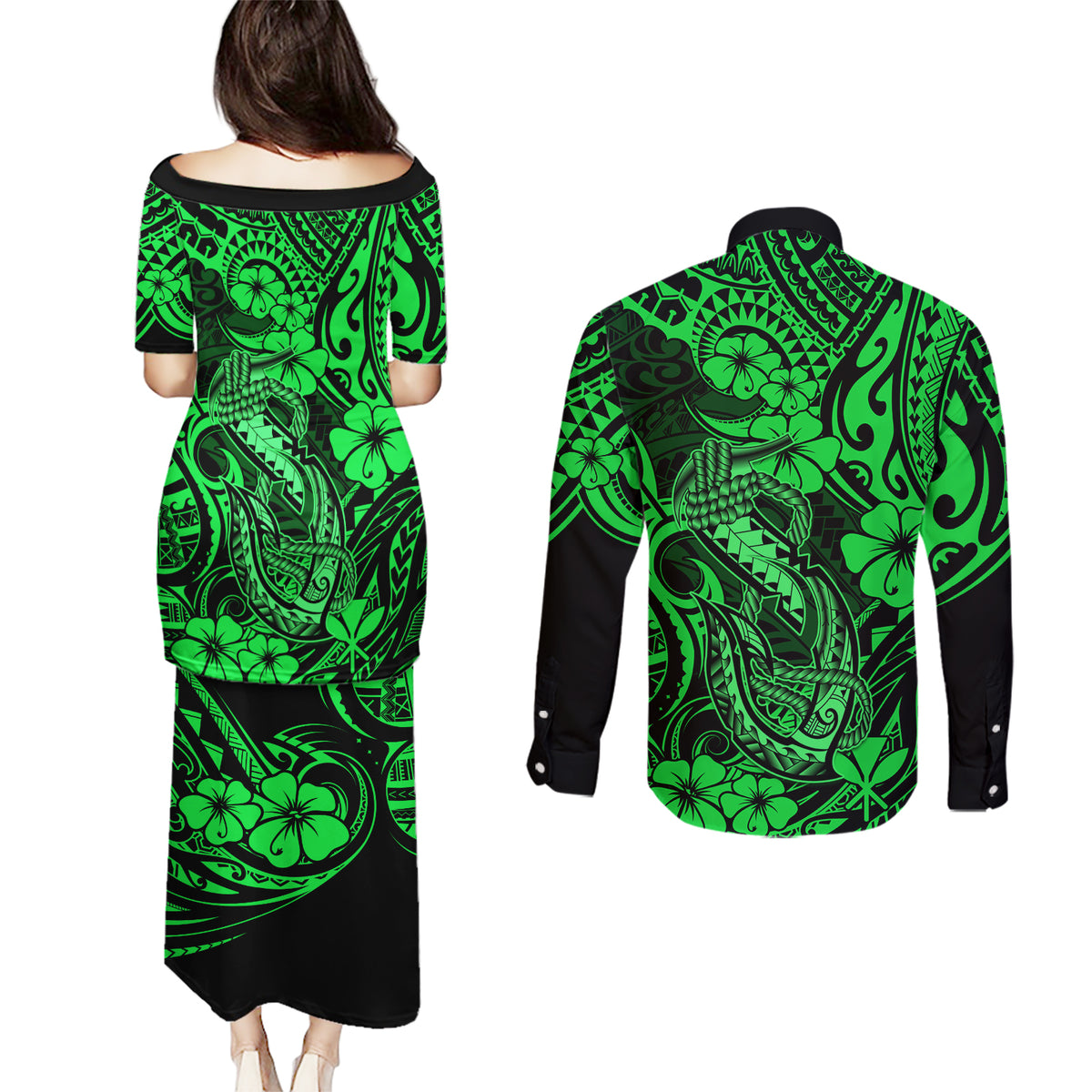 Hawaii Fish Hook Couples Matching Puletasi Dress and Long Sleeve Button Shirts Polynesian Pattern Green Version LT01 - Polynesian Pride