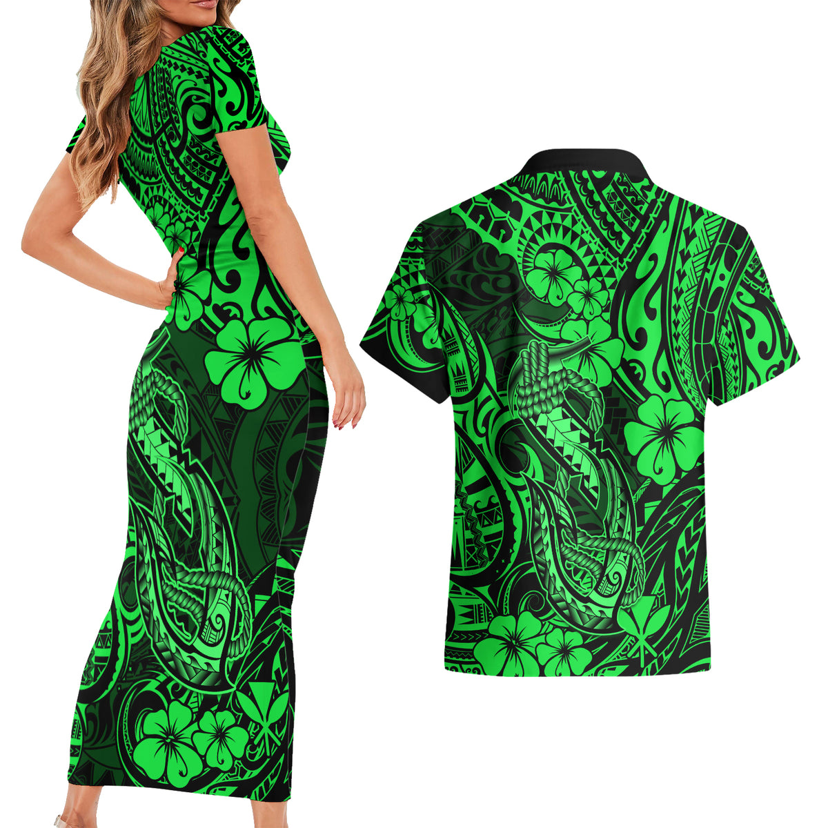 Hawaii Fish Hook Couples Matching Short Sleeve Bodycon Dress and Hawaiian Shirt Polynesian Pattern Green Version LT01 - Polynesian Pride