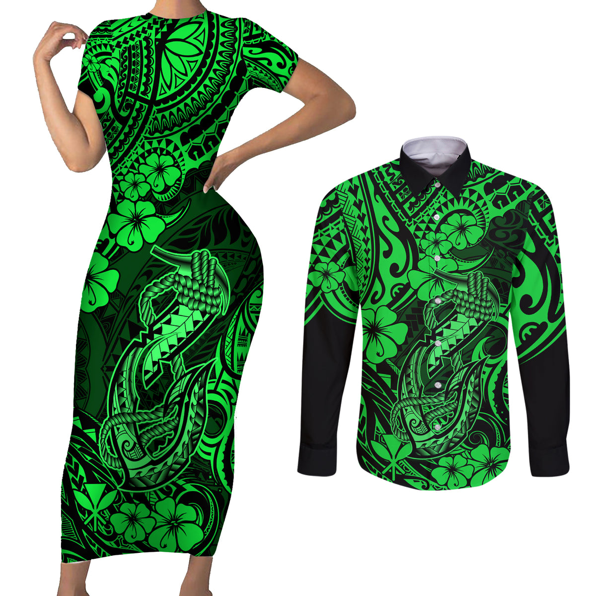 Hawaii Fish Hook Couples Matching Short Sleeve Bodycon Dress and Long Sleeve Button Shirts Polynesian Pattern Green Version LT01 Green - Polynesian Pride