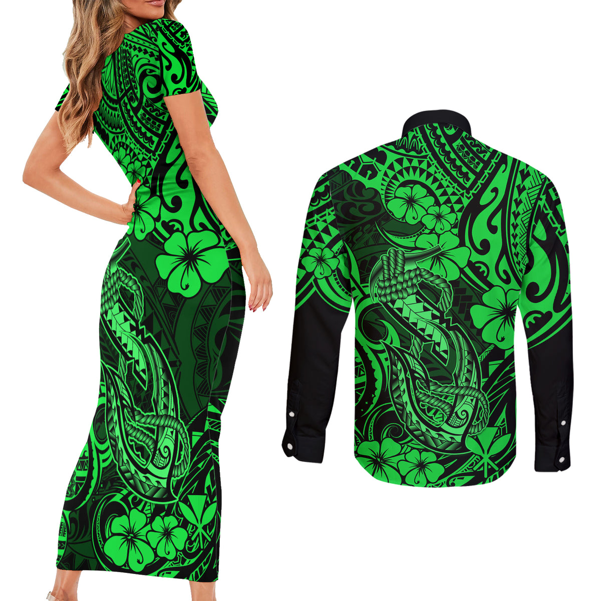Hawaii Fish Hook Couples Matching Short Sleeve Bodycon Dress and Long Sleeve Button Shirts Polynesian Pattern Green Version LT01 - Polynesian Pride