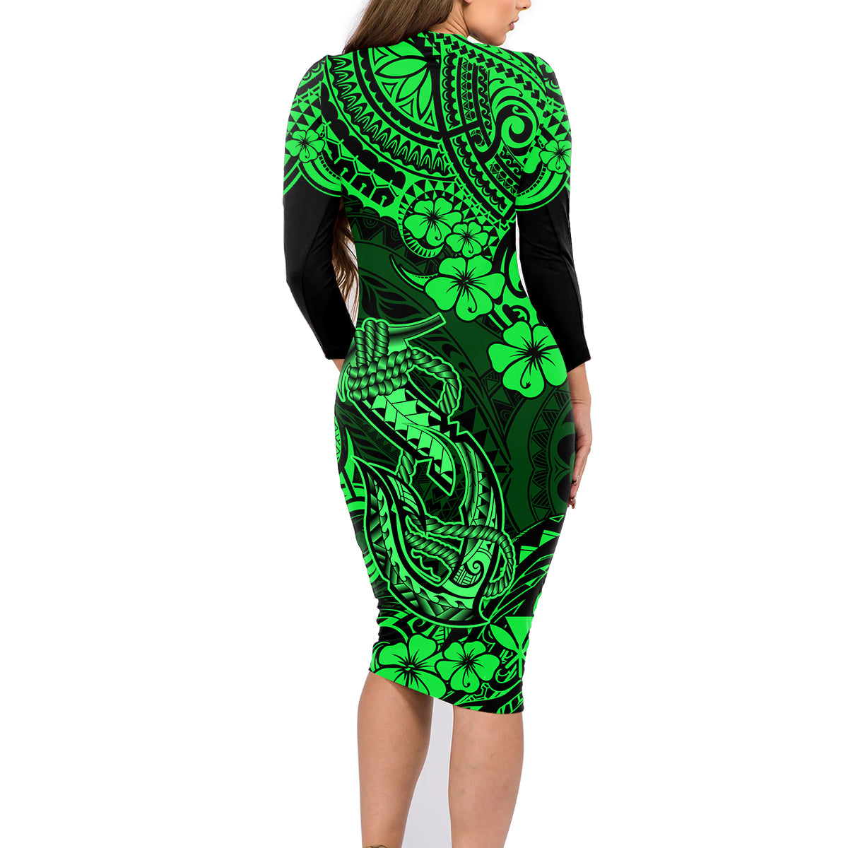 Hawaii Fish Hook Family Matching Long Sleeve Bodycon Dress and Hawaiian Shirt Polynesian Pattern Green Version LT01 - Polynesian Pride