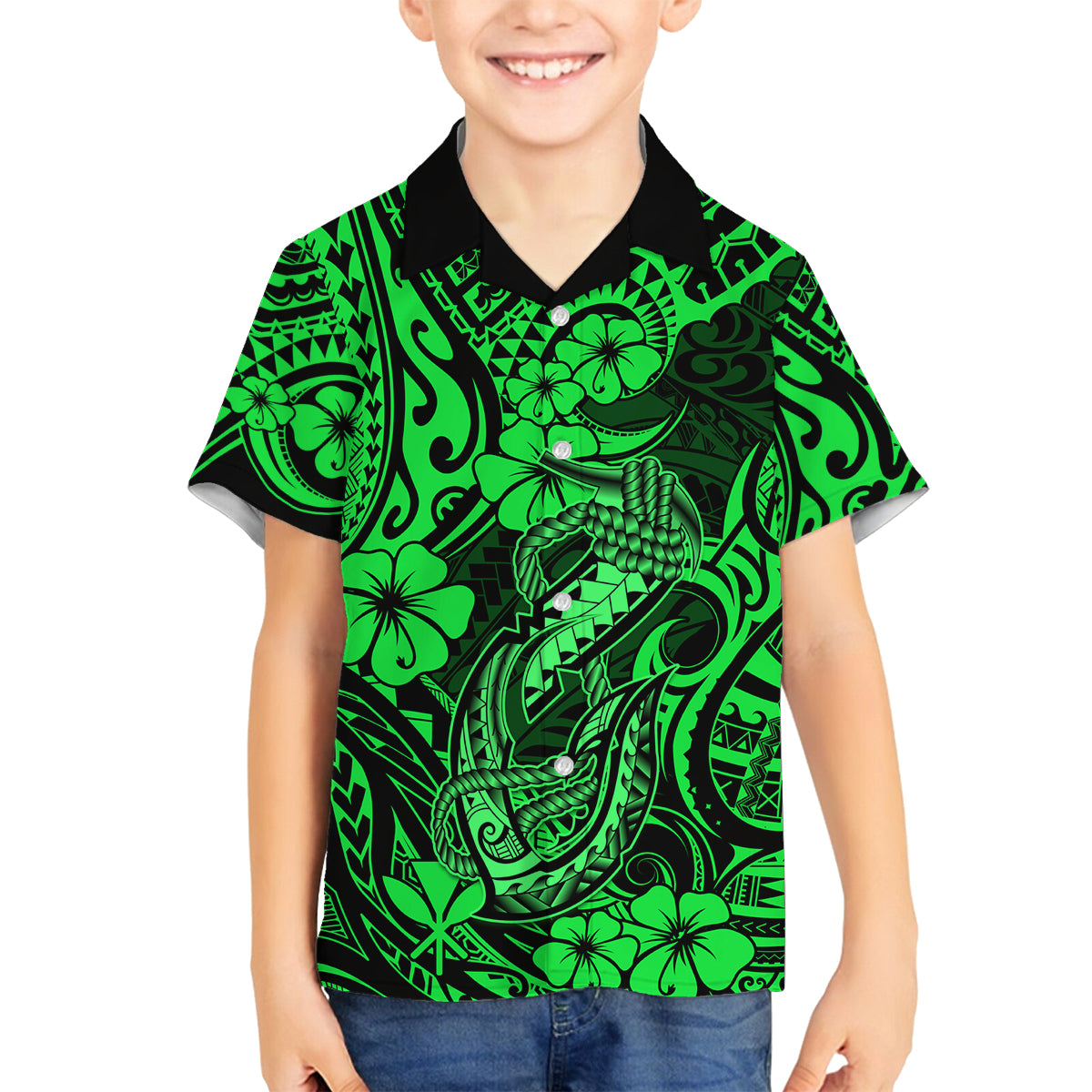 Hawaii Fish Hook Family Matching Off Shoulder Short Dress and Hawaiian Shirt Polynesian Pattern Green Version LT01 Son's Shirt Green - Polynesian Pride