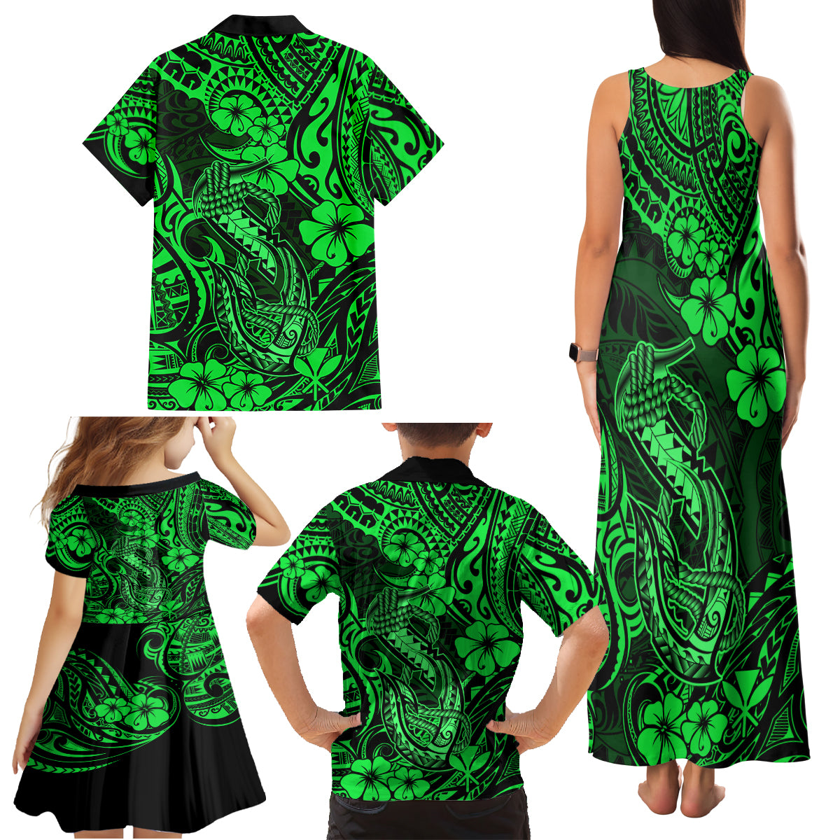 Hawaii Fish Hook Family Matching Tank Maxi Dress and Hawaiian Shirt Polynesian Pattern Green Version LT01 - Polynesian Pride