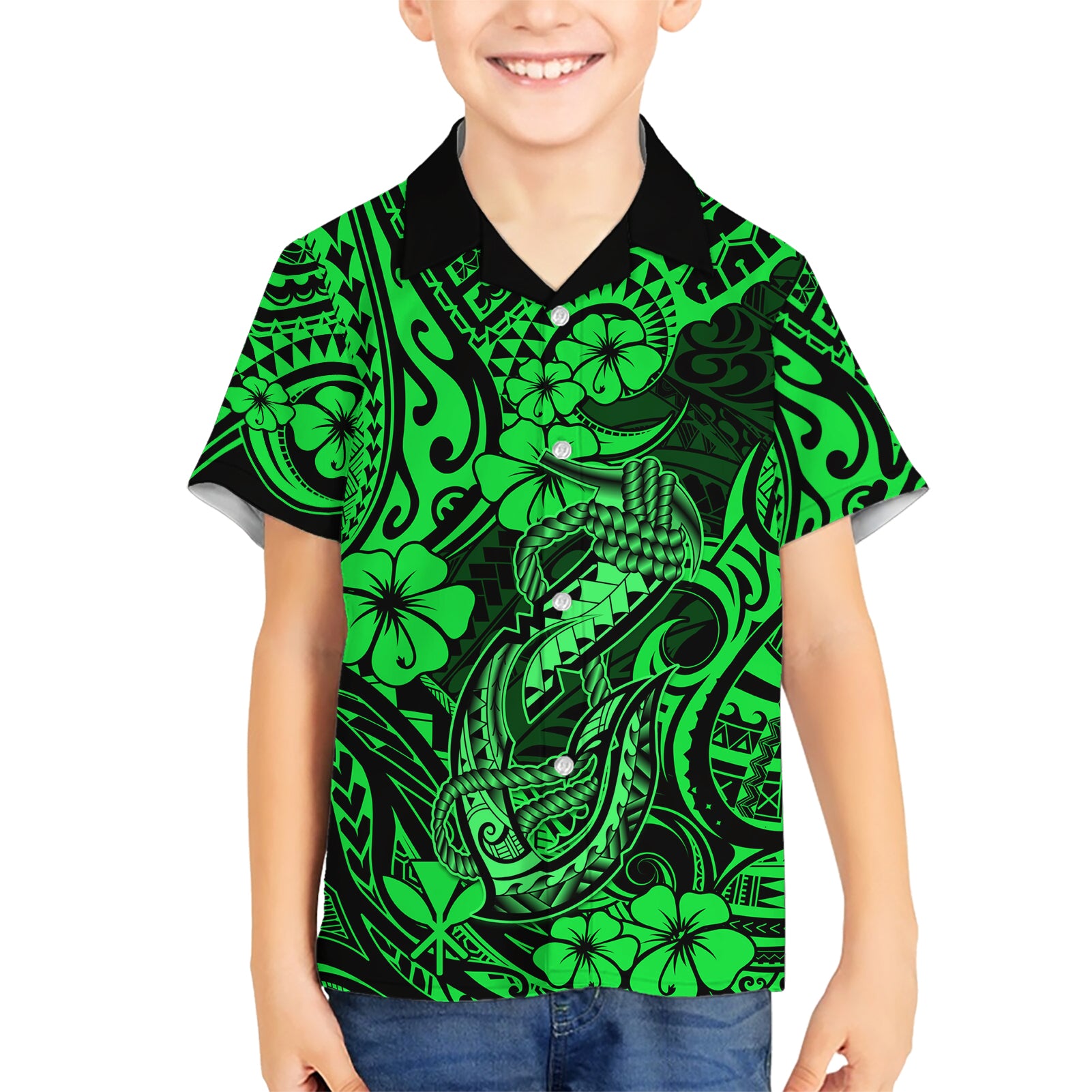 Hawaii Fish Hook Kid Hawaiian Shirt Polynesian Pattern Green Version LT01 Kid Green - Polynesian Pride