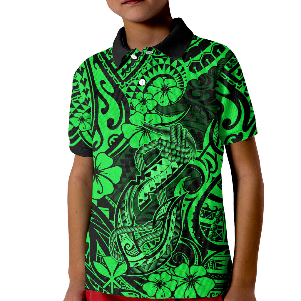 Hawaii Fish Hook Kid Polo Shirt Polynesian Pattern Green Version LT01 Kid Green - Polynesian Pride