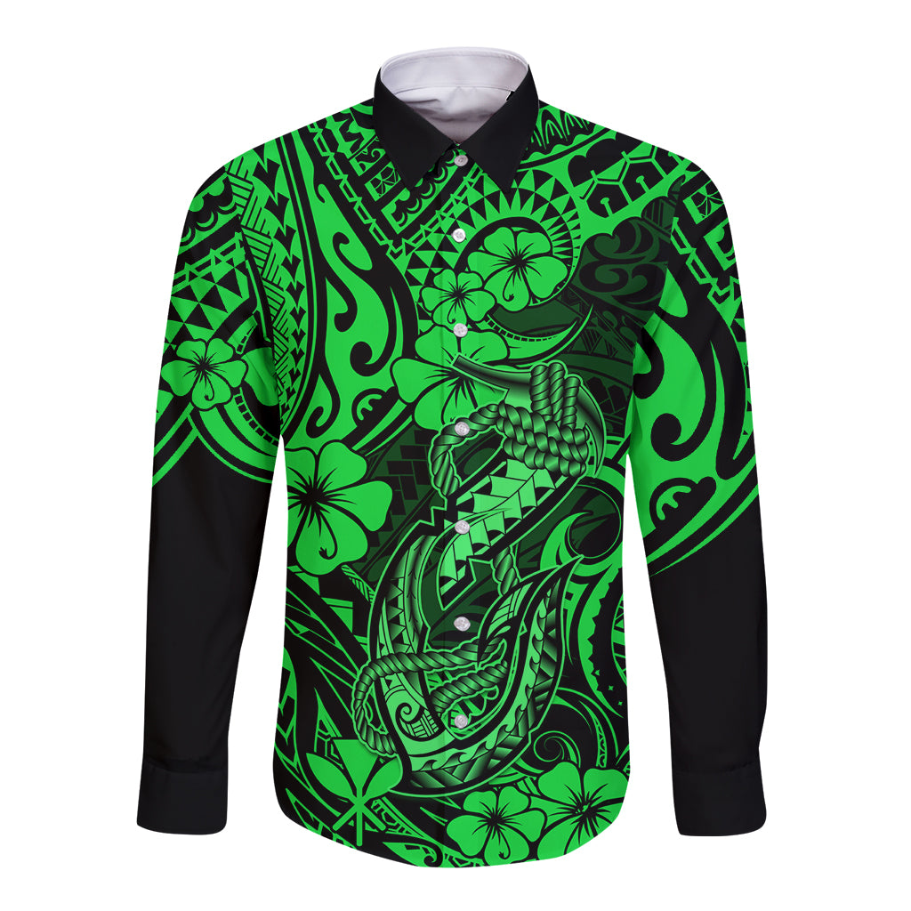 Hawaii Fish Hook Long Sleeve Button Shirt Polynesian Pattern Green Version LT01 Unisex Green - Polynesian Pride