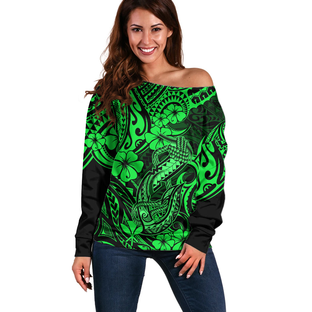 Hawaii Fish Hook Off Shoulder Sweater Polynesian Pattern Green Version LT01 Women Green - Polynesian Pride