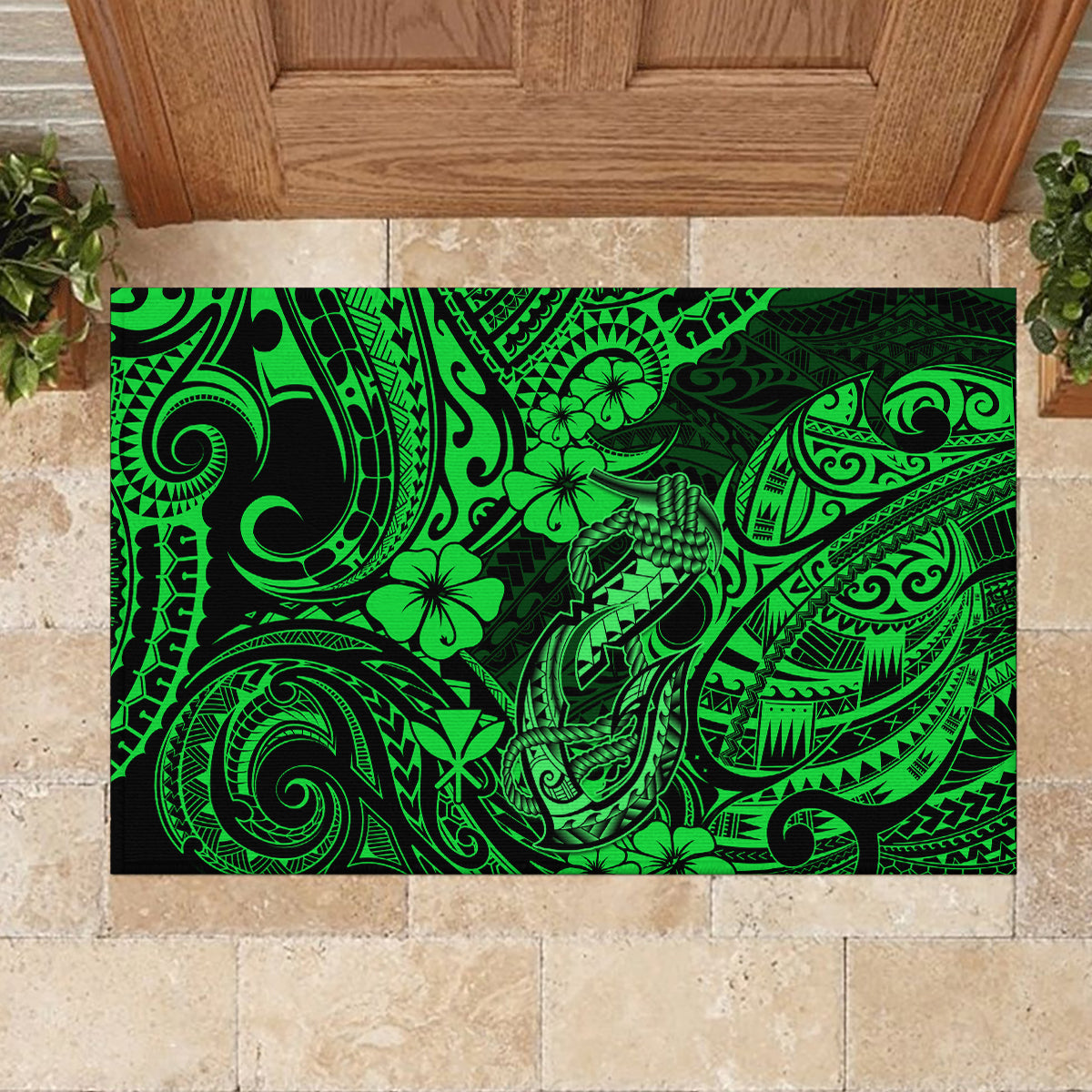 Hawaii Fish Hook Rubber Doormat Polynesian Pattern Green Version LT01 - Polynesian Pride