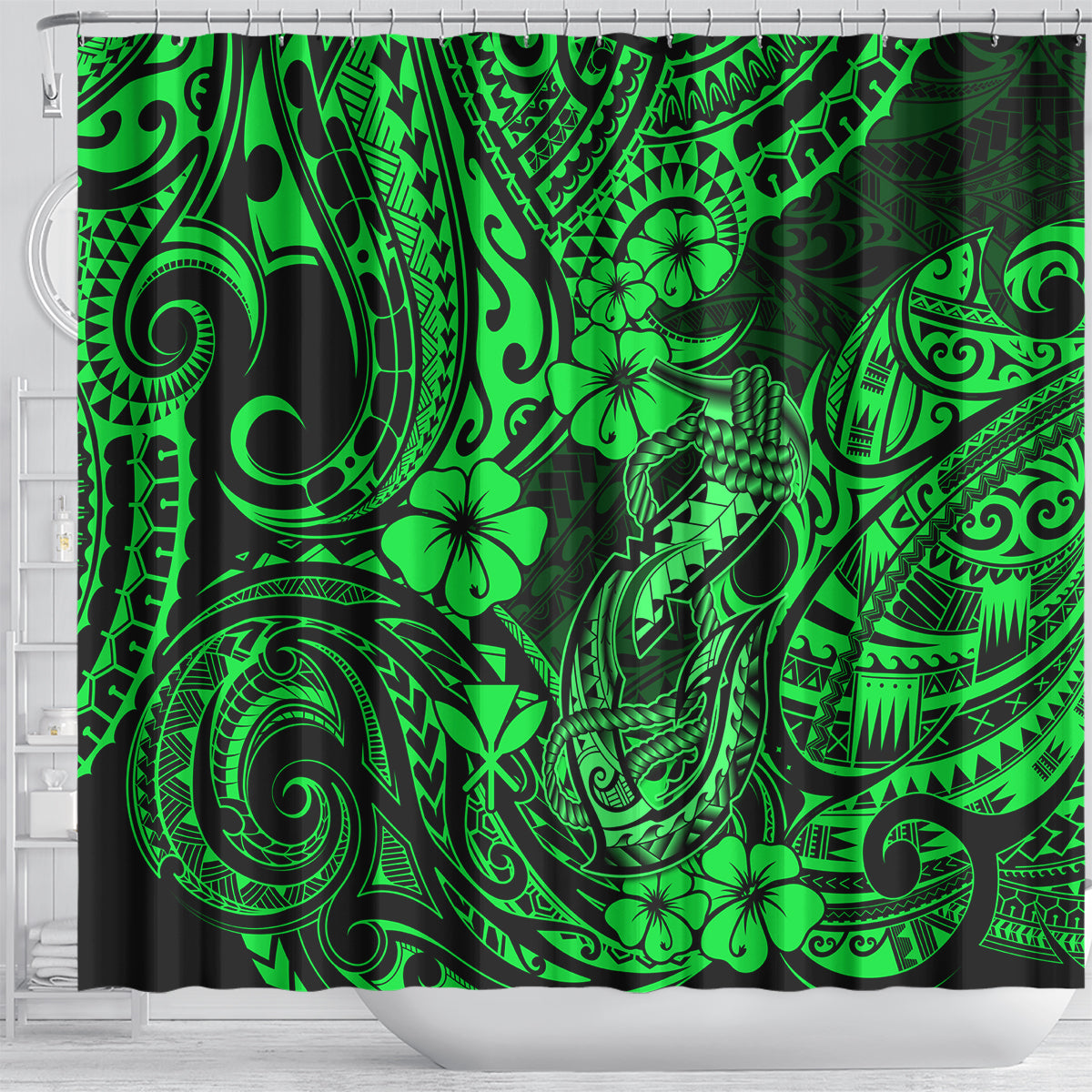 Hawaii Fish Hook Shower Curtain Polynesian Pattern Green Version LT01 - Polynesian Pride