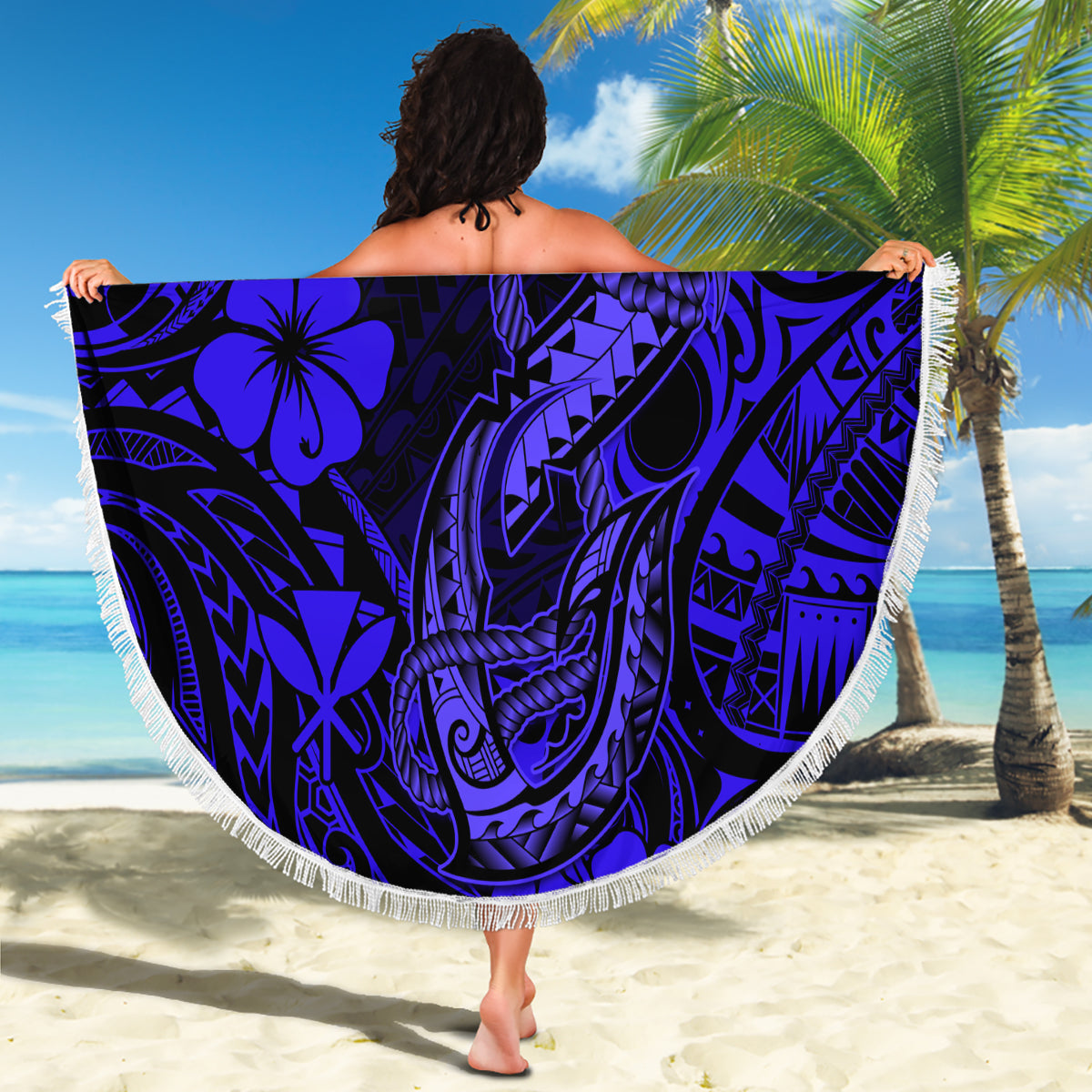 Hawaii Fish Hook Beach Blanket Polynesian Pattern Navy Blue Version LT01 - Wonder Print Shop