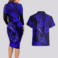 Hawaii Fish Hook Couples Matching Long Sleeve Bodycon Dress and Hawaiian Shirt Polynesian Pattern Navy Blue Version LT01 - Polynesian Pride