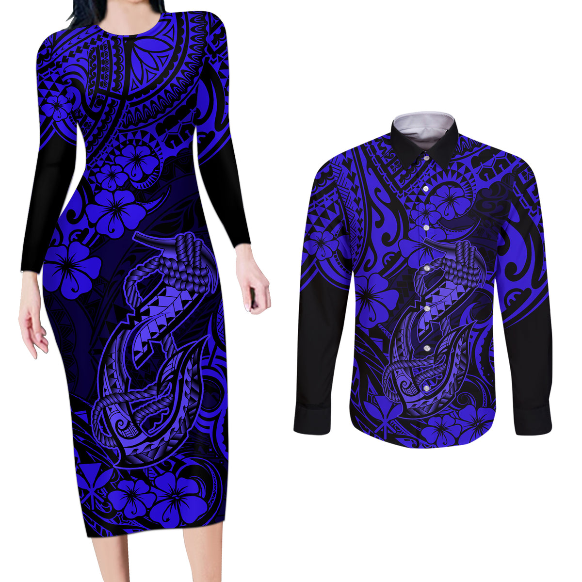 Hawaii Fish Hook Couples Matching Long Sleeve Bodycon Dress and Long Sleeve Button Shirts Polynesian Pattern Navy Blue Version LT01 Blue - Polynesian Pride