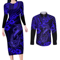 Hawaii Fish Hook Couples Matching Long Sleeve Bodycon Dress and Long Sleeve Button Shirts Polynesian Pattern Navy Blue Version LT01 Blue - Polynesian Pride
