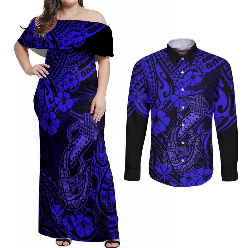 Hawaii Fish Hook Couples Matching Off Shoulder Maxi Dress and Long Sleeve Button Shirts Polynesian Pattern Navy Blue Version LT01 Blue - Polynesian Pride