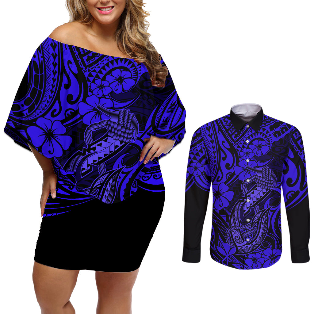 Hawaii Fish Hook Couples Matching Off Shoulder Short Dress and Long Sleeve Button Shirts Polynesian Pattern Navy Blue Version LT01 Blue - Polynesian Pride
