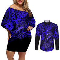 Hawaii Fish Hook Couples Matching Off Shoulder Short Dress and Long Sleeve Button Shirts Polynesian Pattern Navy Blue Version LT01 Blue - Polynesian Pride