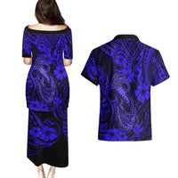 Hawaii Fish Hook Couples Matching Puletasi Dress and Hawaiian Shirt Polynesian Pattern Navy Blue Version LT01 - Polynesian Pride