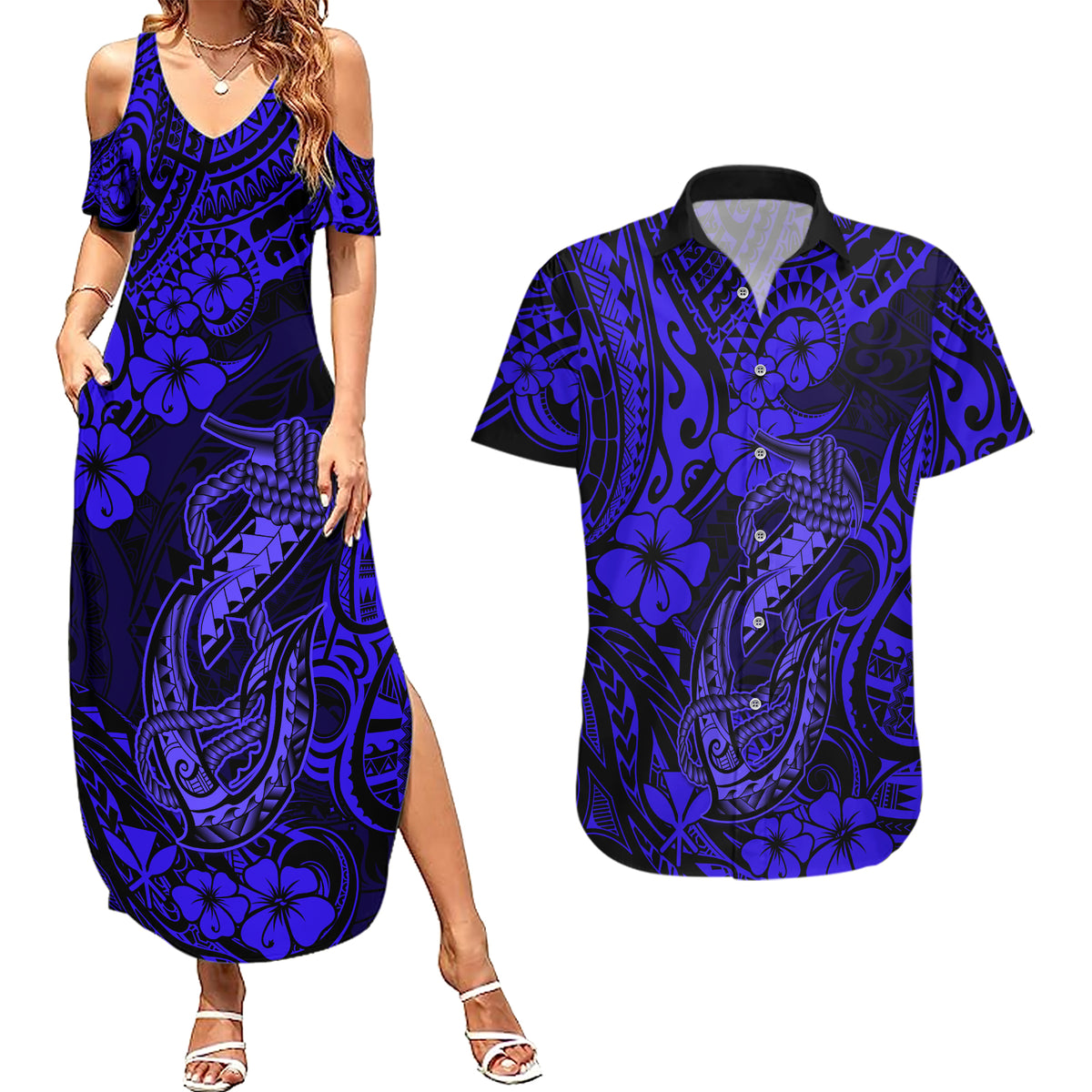 Hawaii Fish Hook Couples Matching Summer Maxi Dress and Hawaiian Shirt Polynesian Pattern Navy Blue Version LT01 Blue - Polynesian Pride