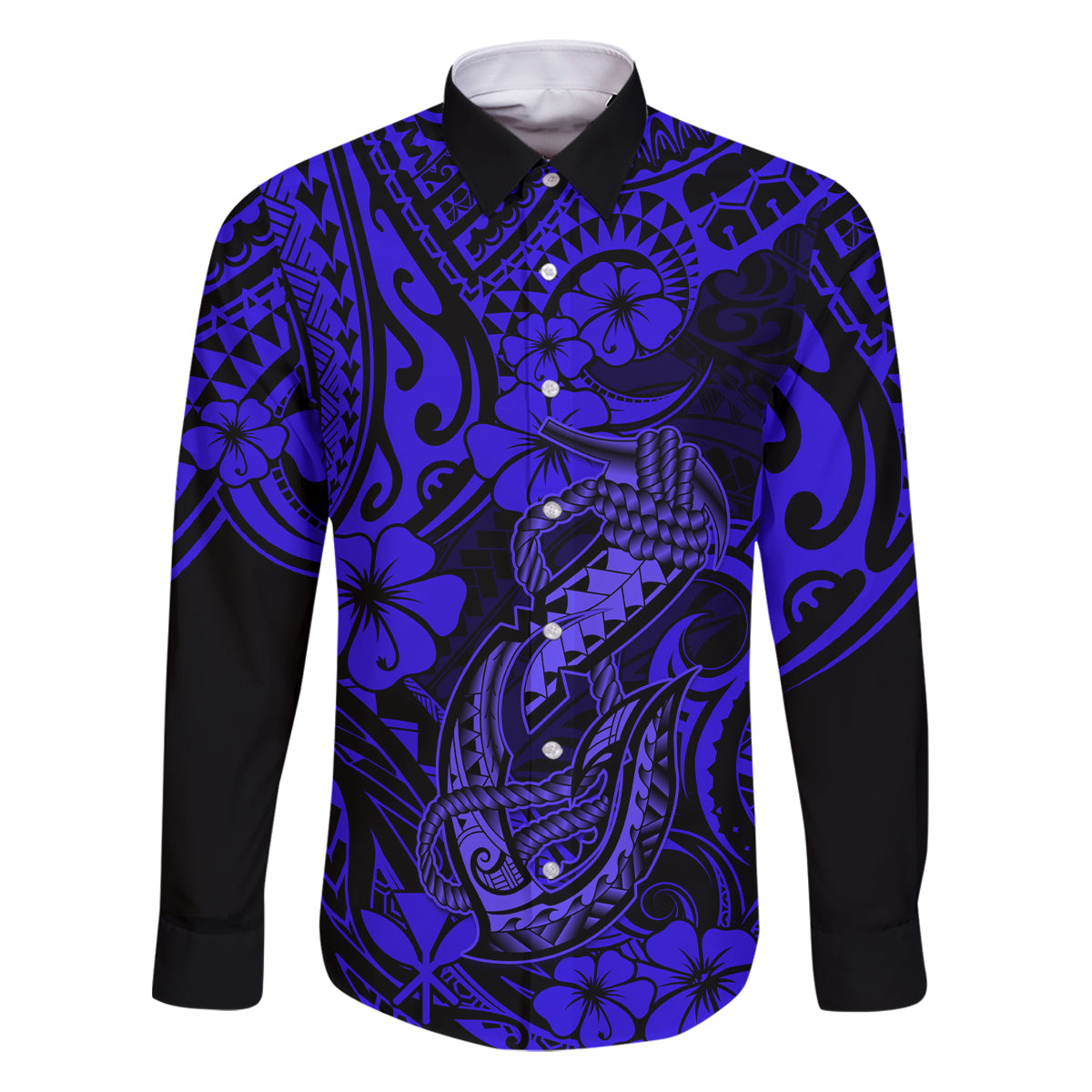 Hawaii Fish Hook Family Matching Puletasi Dress and Hawaiian Shirt Polynesian Pattern Navy Blue Version LT01 Dad's Shirt - Long Sleeve Blue - Polynesian Pride