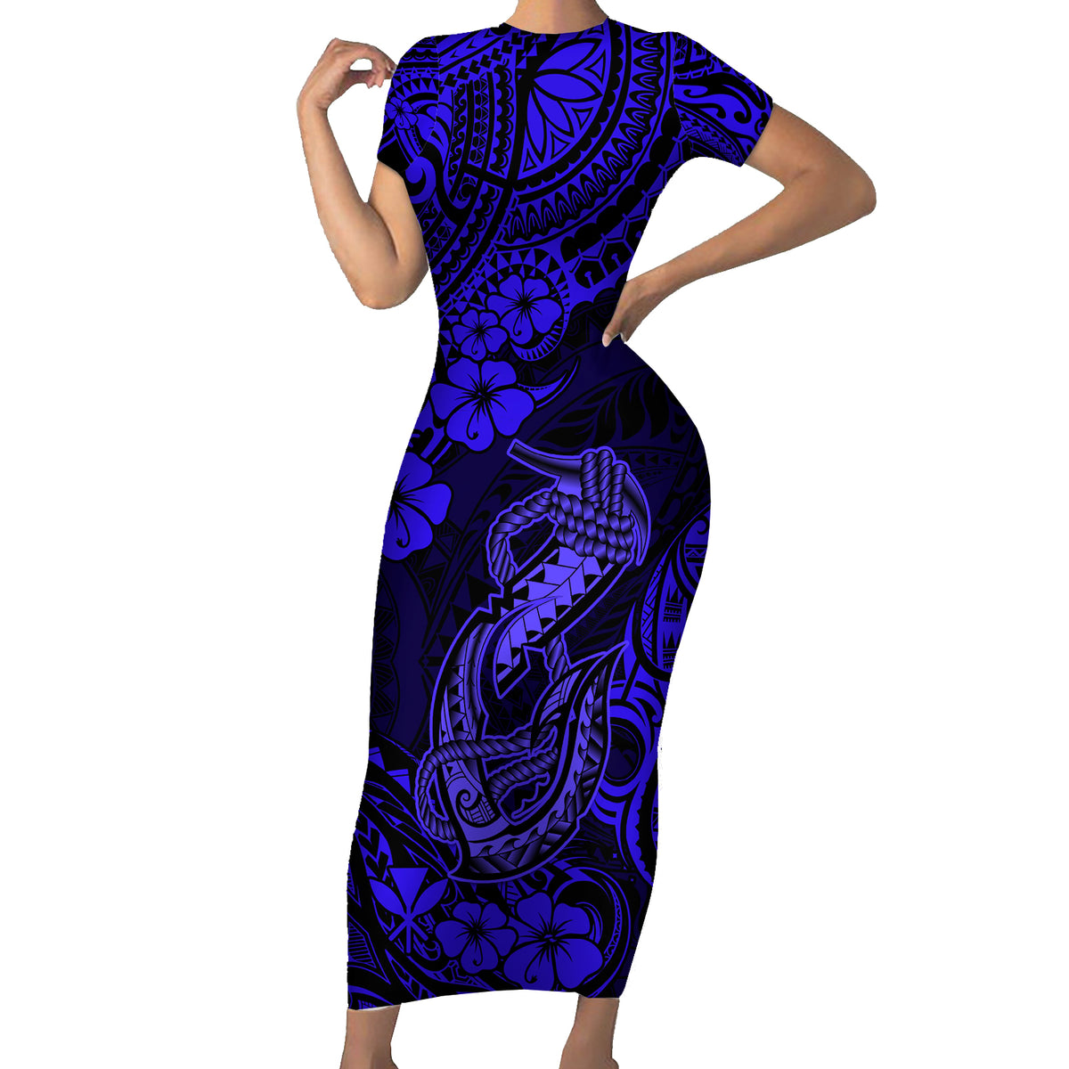 Hawaii Fish Hook Family Matching Short Sleeve Bodycon Dress and Hawaiian Shirt Polynesian Pattern Navy Blue Version LT01 Mom's Dress Blue - Polynesian Pride