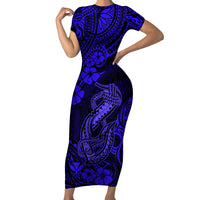 Hawaii Fish Hook Family Matching Short Sleeve Bodycon Dress and Hawaiian Shirt Polynesian Pattern Navy Blue Version LT01 Mom's Dress Blue - Polynesian Pride